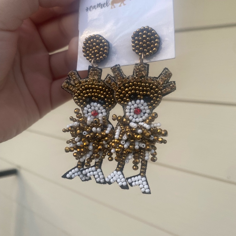 Gold and White Beaded Reindeer Earrings